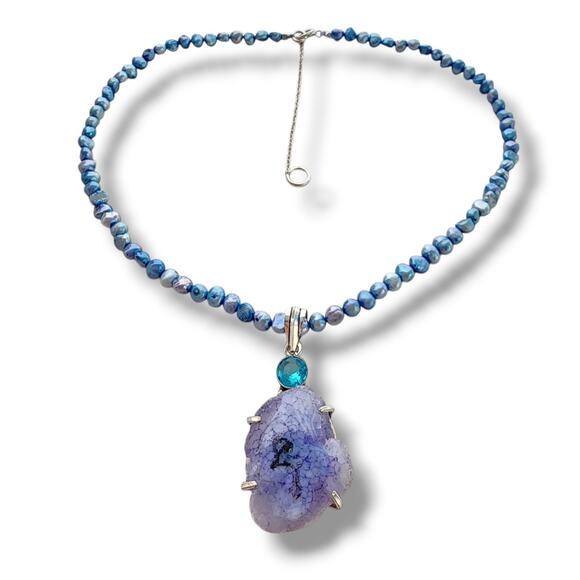 Artisan Jewelry - Sterling 925 Blue Pearl Necklace Choker coquette fairy Blue Solar Quartz In Box